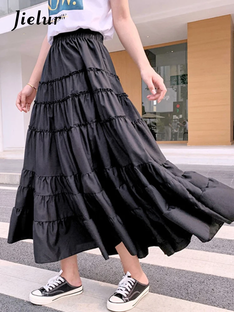 

Jielur 2022 Summer High Waist A-Line Ruffle White Black Long Skirts Womens Maxi Skirt Chiffon Rokjes