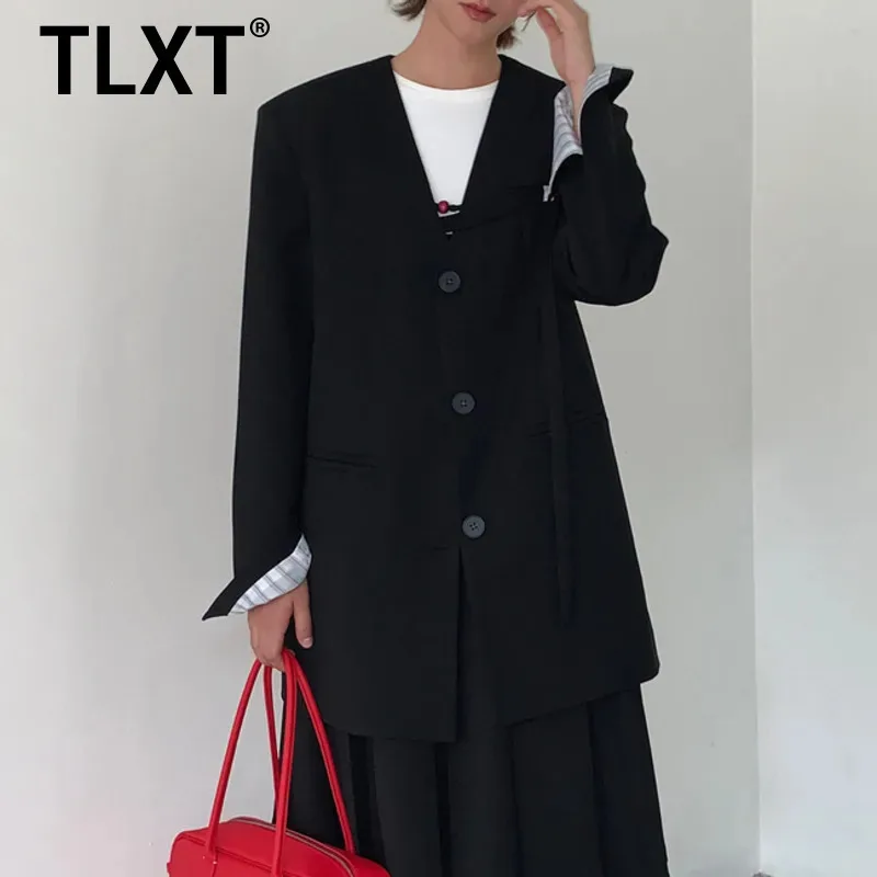 

TLXT однотонный пиджак для женщин с v-образным вырезом и длинными рукавами, однобортное свободное пальто с лентой, новинка весны 2023 года XK1021