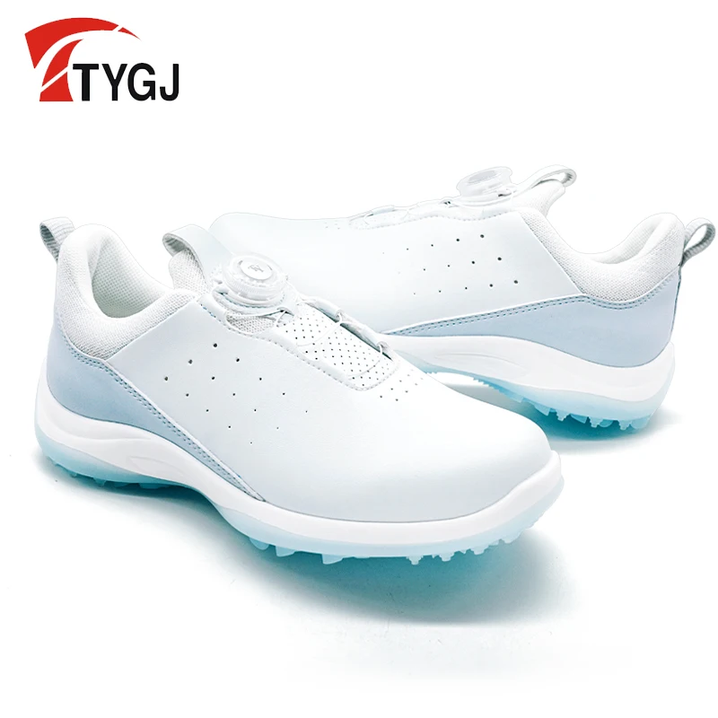 TTYGJ Women‘s Golf Shoes With Rotating Button Laces Waterproof Breathable Outdoor White Spikeless Sport Golfing Footwear