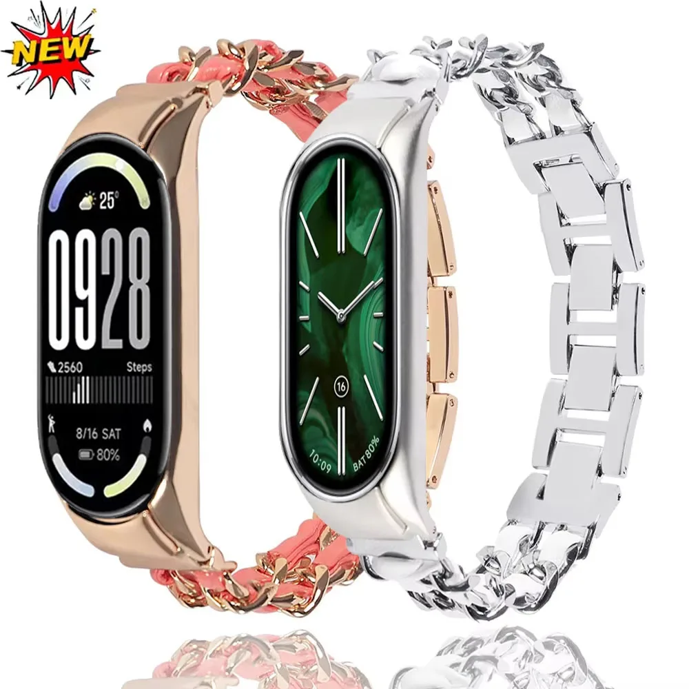 Leather+Metal Strap For Xiaomi Mi band 10 9 8 Women's Fashion Exquisite Stainless Steel Bracelet Wristband Xiaom Mi band 7 6 5 4
