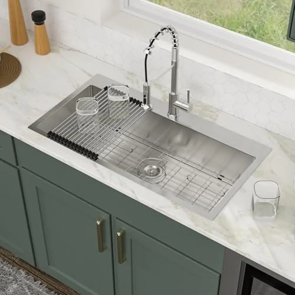 36 Inch Handmade Stainless Steel Drop In Kitchen Sink with Anti-Condensation Coating and Bonus Accessories