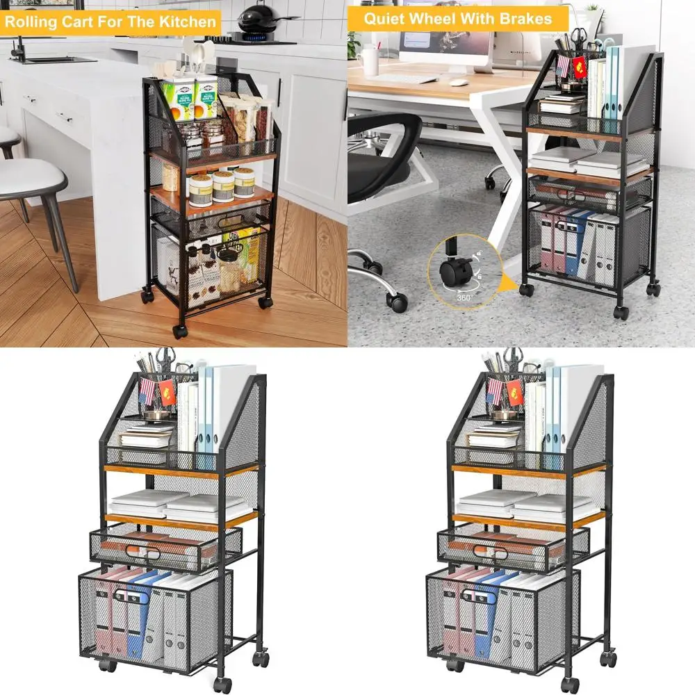 

Многофункциональная запираемая тележка для документов из дерева и сетки с 2 ящиками для офиса, книг и принадлежностей