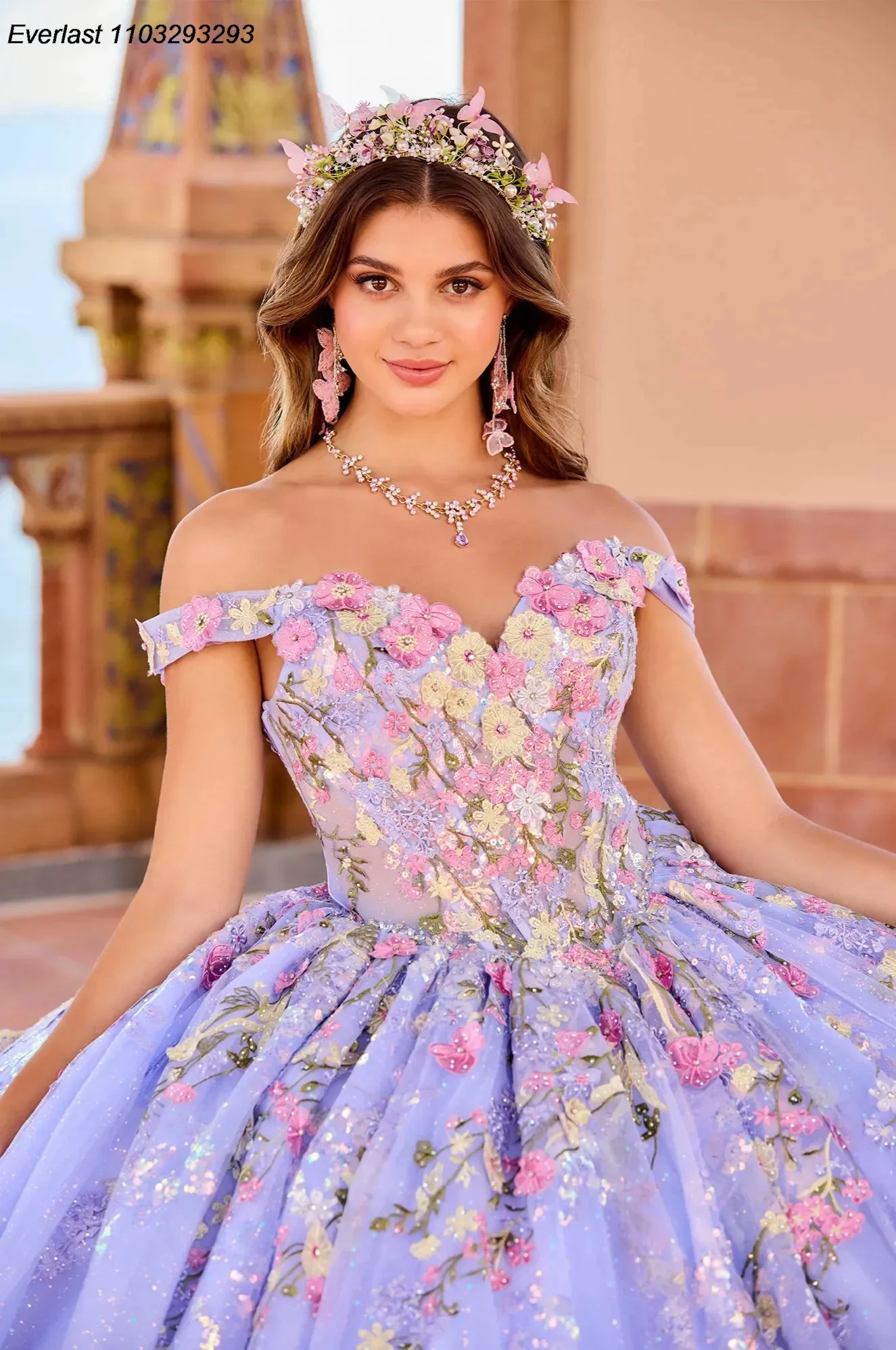 EVLAST Glitter Purple Quinceanera Dress Ball Gown 3D Colorful Floral Applique Beads With Cape Sweet 16 Vestido 15 De asenos TQD265