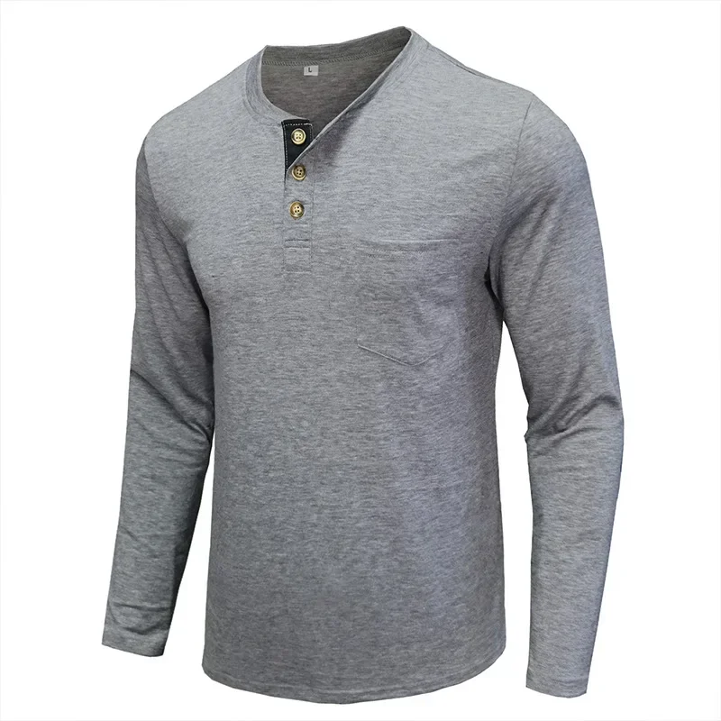 Men's 2025 Collar Long Sleeved T-shirts Solid Casual Top Single Breasted Pocket TShirt Soft Comfy Bottoming Shirt for Autumn