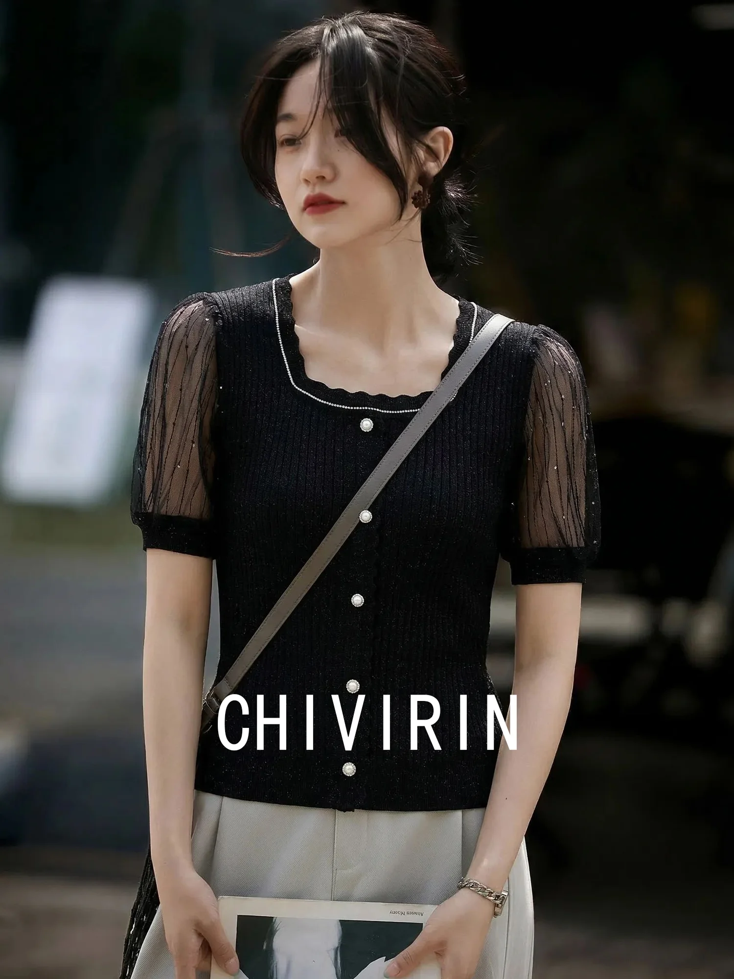 

Slim Fit Luxury Style Black Knitted Top Women's T-shirt Versatile Casual Summer Workwear Chivirin Premium Quality Fashion