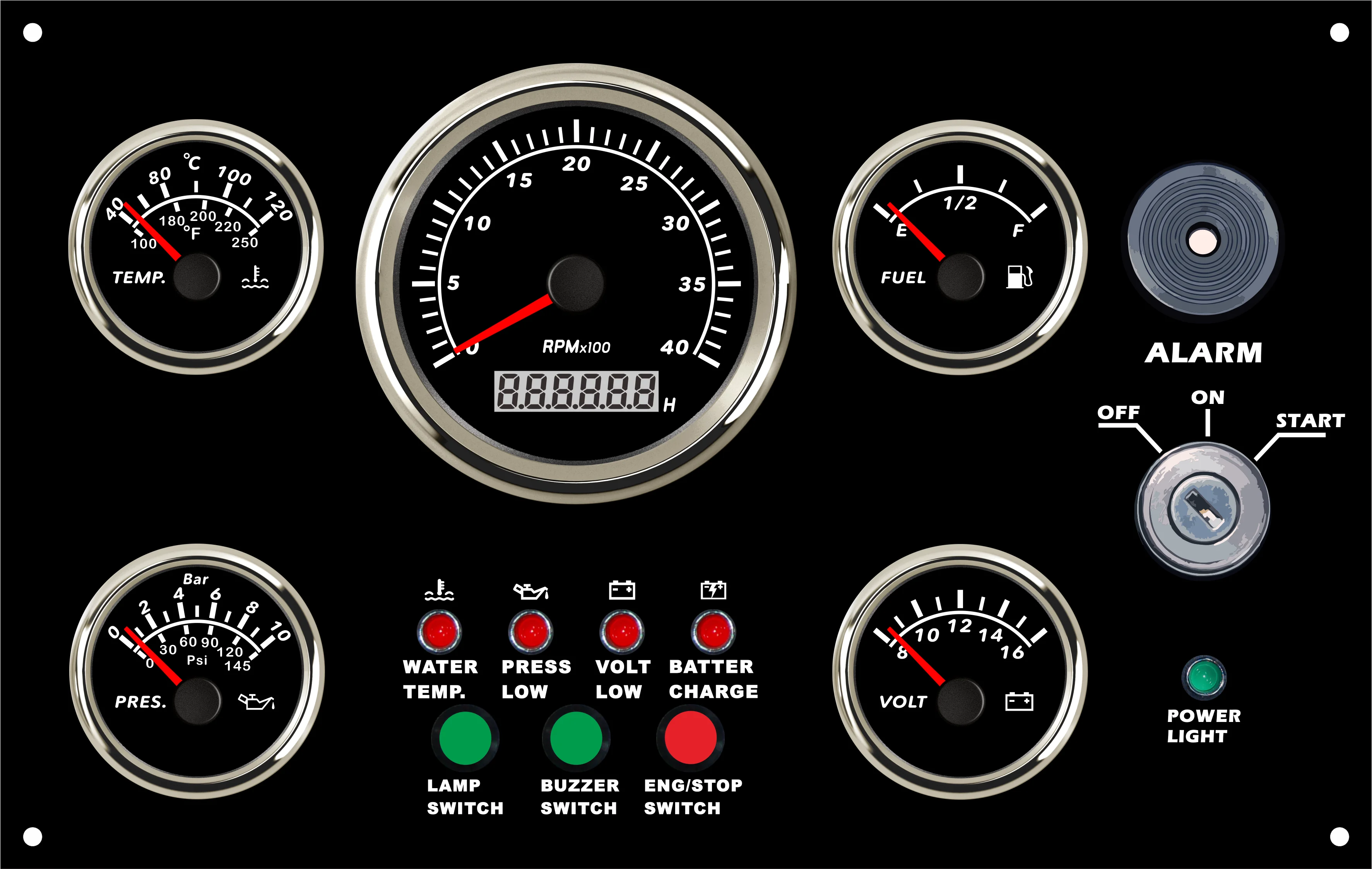 Universal 5 Gauge Set Instrument Panel with 0-4000RPM Tachometer Fuel Level Water Temp. Oil Pressure Voltmeter 300*190 mm 12V