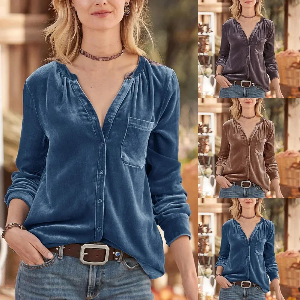 Fashion Velvet Blue Blouse Tops for Women  V neck Button Down Shirt  Long Sleeve Solid Color for Autumn Daily Wear