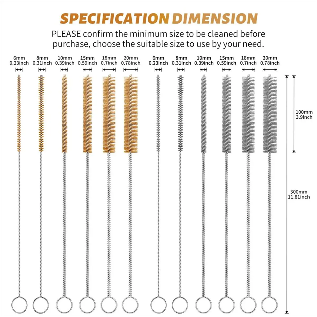 ✼12-Pieces Brass Wire Brush Stainless Steel Wire Brush Set 12 Inch Long Bottle Brush Tube Cleaning Brush Bore Brush