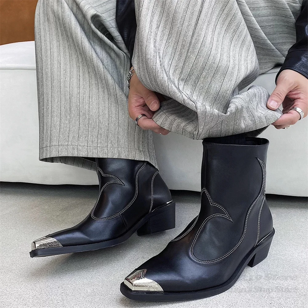 

Retro Style Metal Buckle Chelsea Boots Pointed Toe Unisex Genuine Leather Western Cowboy Boots Sexy Chunky Heel Ankle Boots