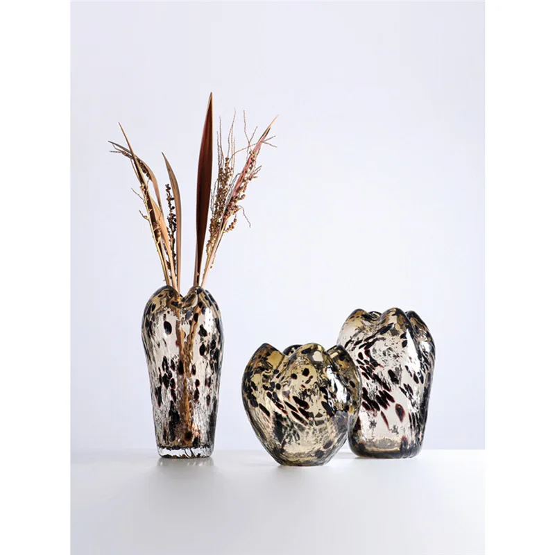 Light luxury light luxury leopard print brown transparent glazed flower ware sales department living room study dining table vas