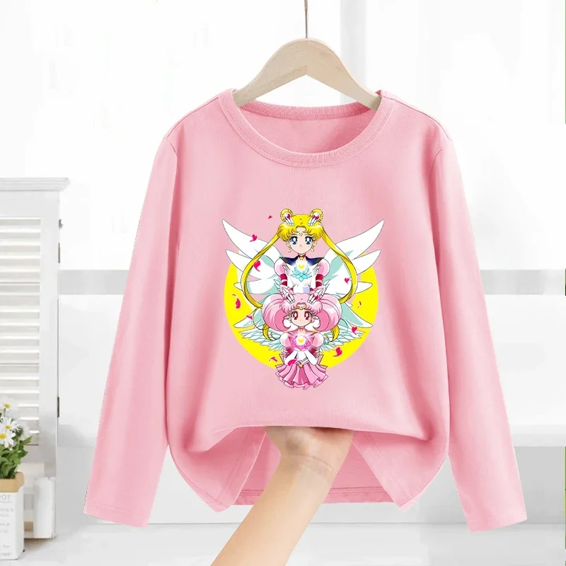 Sailor Moons Girl Kids Pink Long Sleeve Sweatshirt Thin Clothes Childern Anime Cartoon Print O Neck Tops Christmas Birthday Gift