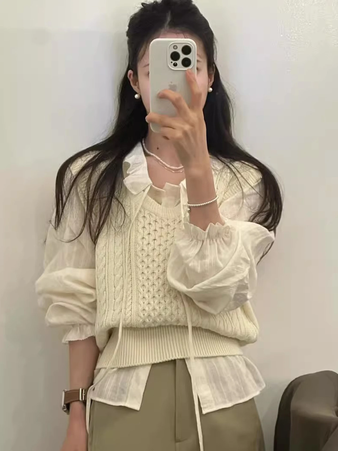 

Женский комплект из двух предметов: рубашка в клетку с длинным рукавом и круглым вырезом, на одной пуговице, с дизайнерскими вставками, для ранней весны, повседневная рабочая одежда