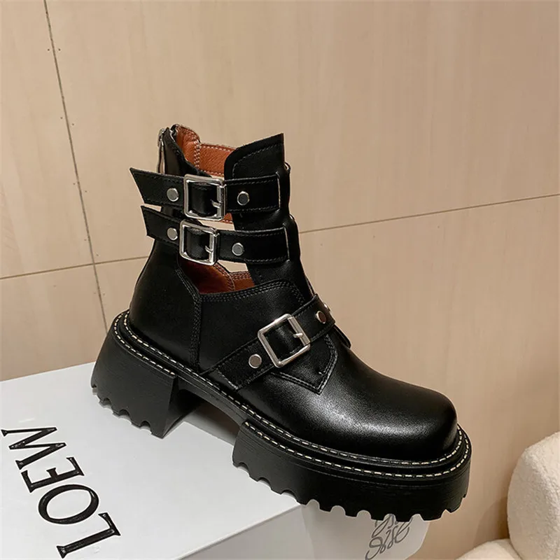 New Autumn/winter Women Boot Round Toe Platform Shoes Split Leather Fashion Belt Buckle Boots Short Boots for Women Handmade