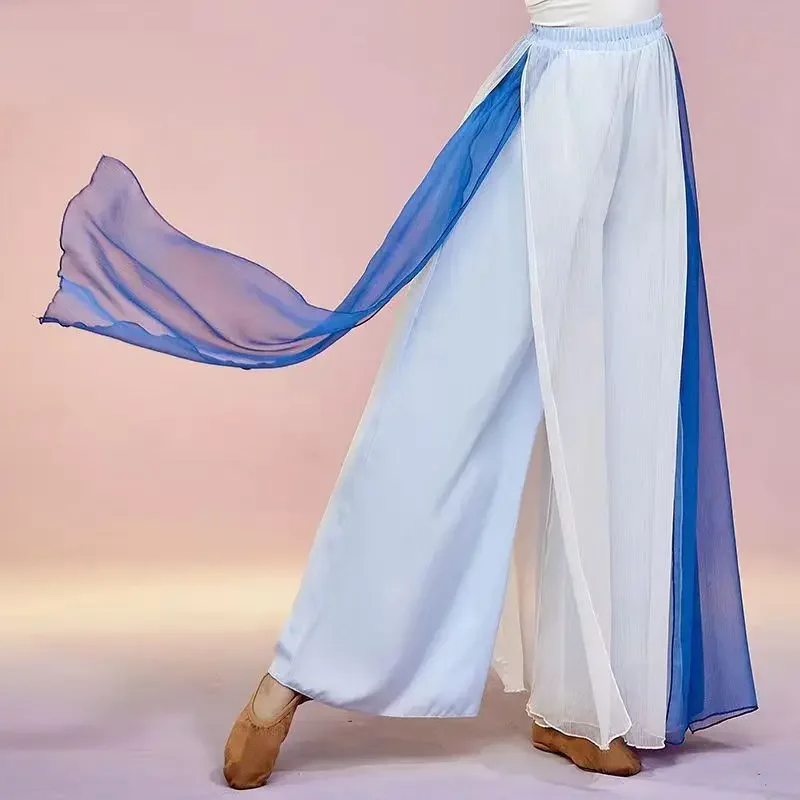 Chinese Folk Dance Classical Dancing Pants Women Loose Wide Leg Trouser 2 Layers Fairy Body Rhyme Dancewear Side Split Plus Size