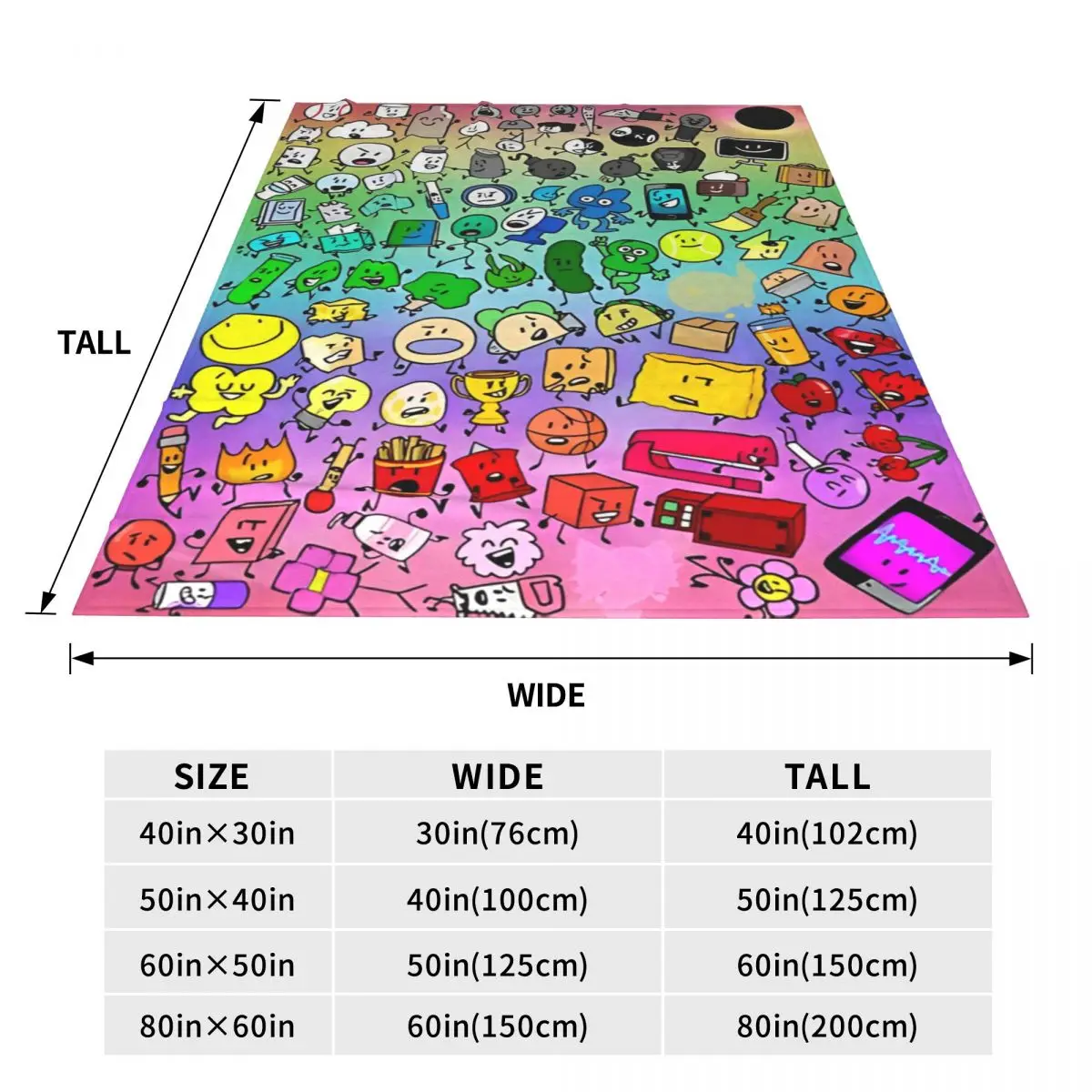 BFDI-Couvertures arc-en-ciel de tous les personnages, couvre-lit, literie super chaude, enfants, adultes, insanité inanime, hiver