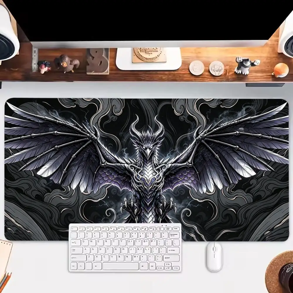 Large Gaming Mouse Pad Desk Mat Keyboard Pad Silver Skeleton Wing Dragon Black Cloud Dark Fantasy Print NonSlip Rubber mousepads