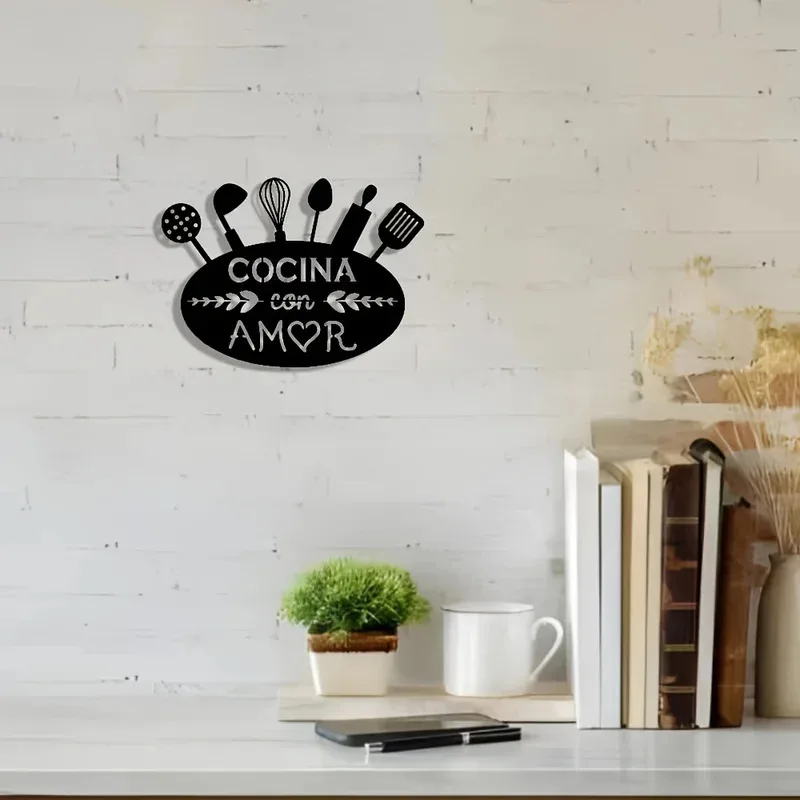 Arte de pared de cocina de Metal "Cocina con Amor", diseño de utensilios de cocina, letrero con cita española para cocina, cafetería y Bar, 1 ud.