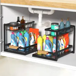 2 Tier Under Sink Organizer,Metal Pull Out Kitchen Cabinet Organizer with Sliding Drawer,Sturdy Multi-Functional for Kitchen