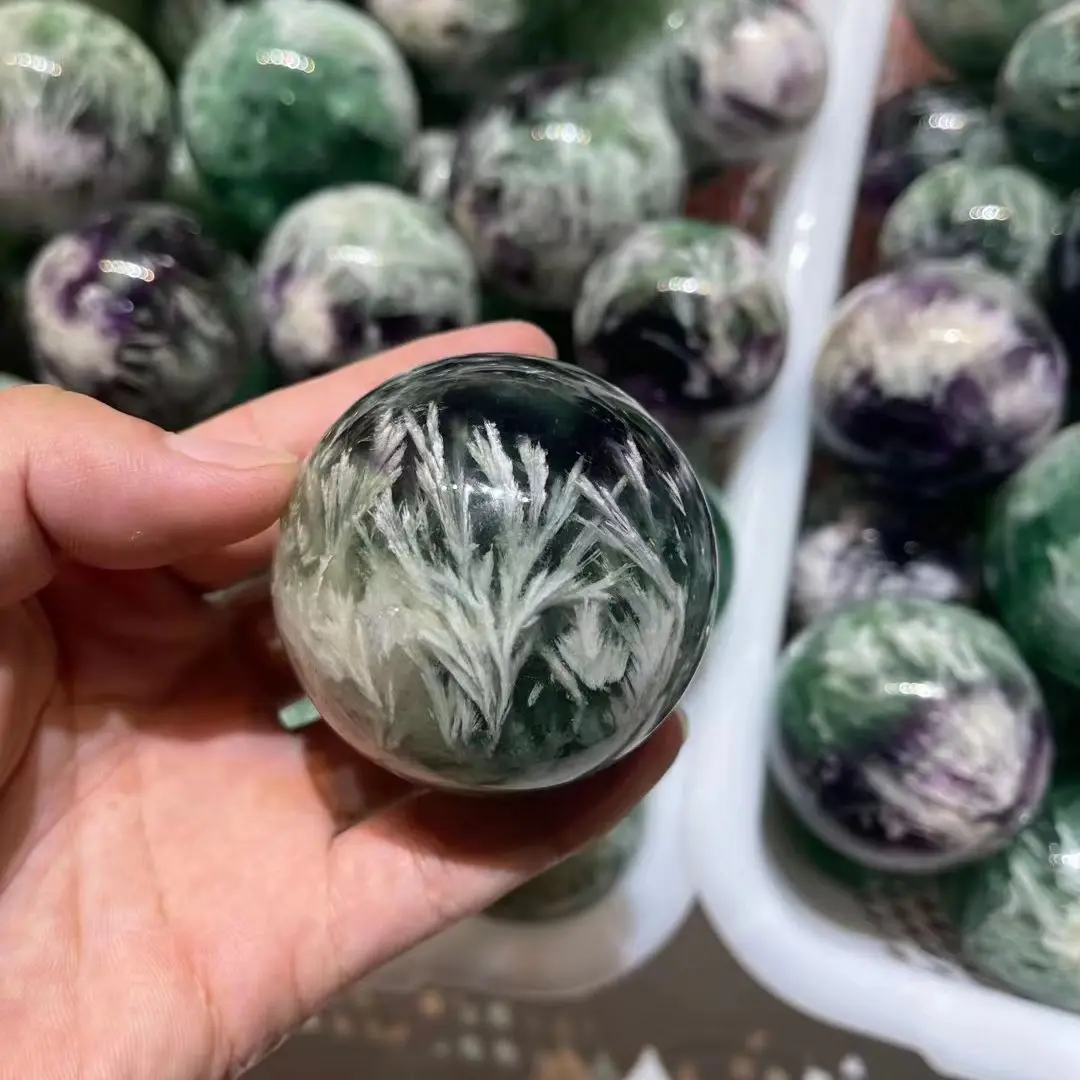 Natural Crystal Feather Fluorite Quartz Ball Sphere Snowflake Image Decorative Power Green Fluorite Stones Minerals Home Ornamen