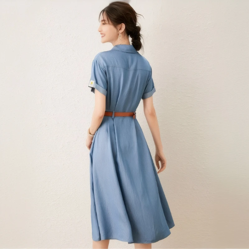 ล้างเสื้อยีนส์ชุดวินเทจผู้หญิง 2025 ฤดูร้อนหญิงเสื้อผ้าบางแขนสั้นชุดฤดูร้อนความยาวกลางชุดสําหรับผู้หญิง