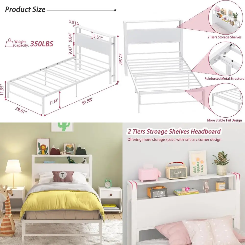 

Двухъярусная металлическая кровать для детей с 2-уровневыми деревянными полками, не требует пружинного блока, простая сборка, усиленная конструкция, белая.