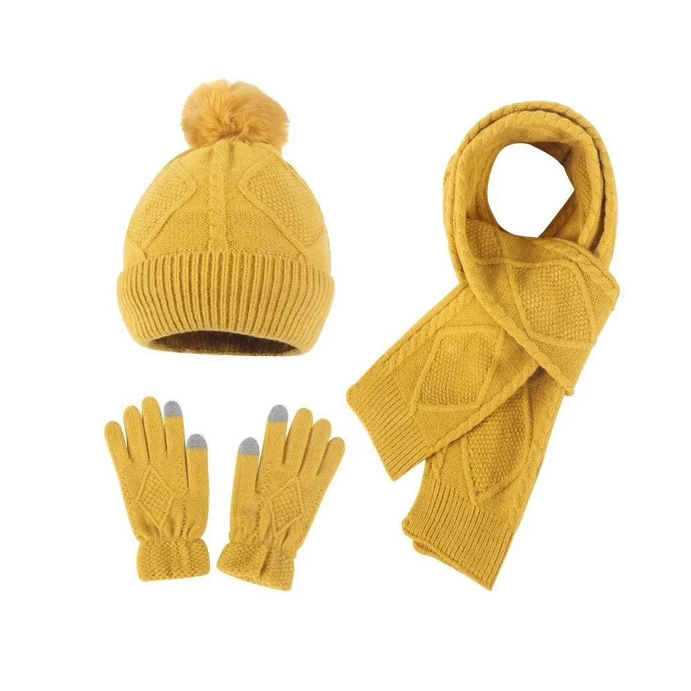 Berretti Berretto Sciarpa elastica e set di cappelli Touch screen caldo Guanti resistenti al freddo Fibre acriliche tinta unita Cappello di lana da donna