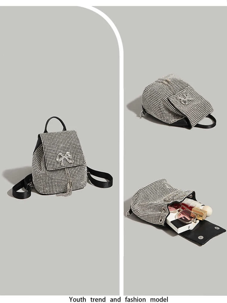 حقيبة ظهر ماسية فاخرة مصممة للنساء حقائب مدرسية جديدة متعددة الاستخدامات للطلاب الجامعيين حقائب دلو أنيقة على شكل فيونكة