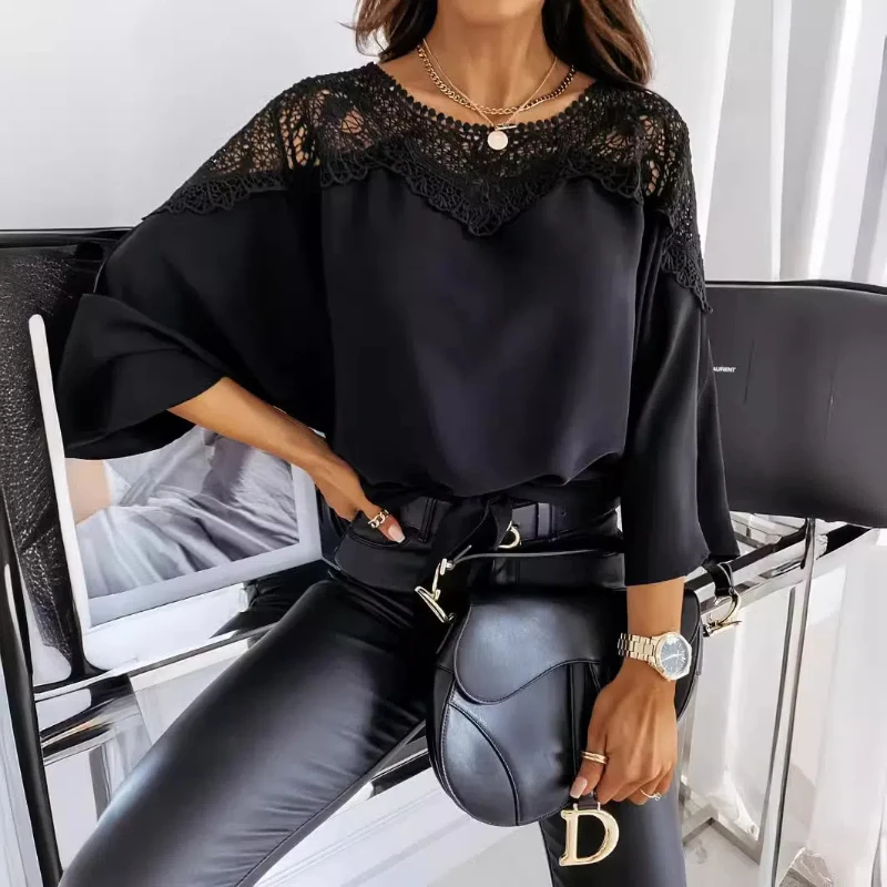 Nueva camisa holgada de manga larga elegante de encaje de gasa para mujer Top de cuello redondo para ir al trabajo de Color sólido 12459