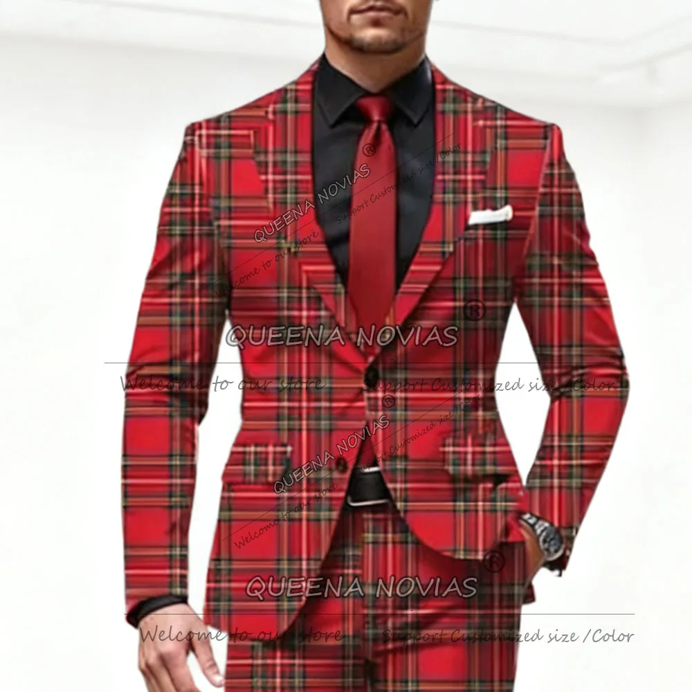Handmade Plaid Checks Business Suit Attire For Men Single Breasted Jacket Pants 2 Piece Set British Style Groom Party Tuxedos