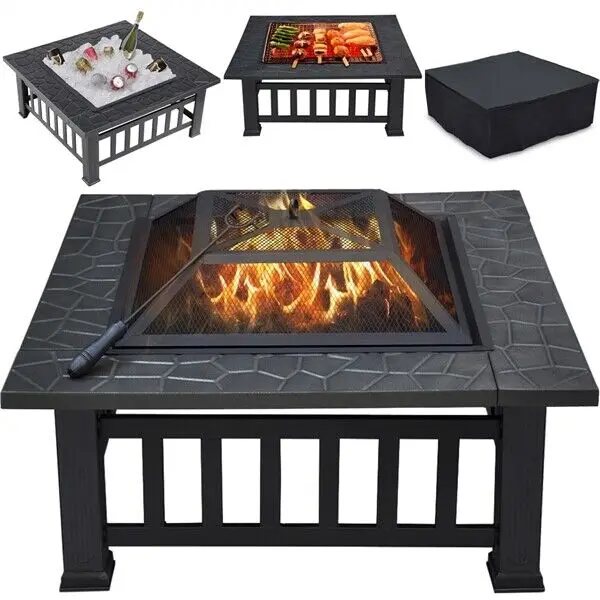 

32'' Fire Pit Wood Burning Square Brazier as Outdoor Backyard Patio Garden Stove