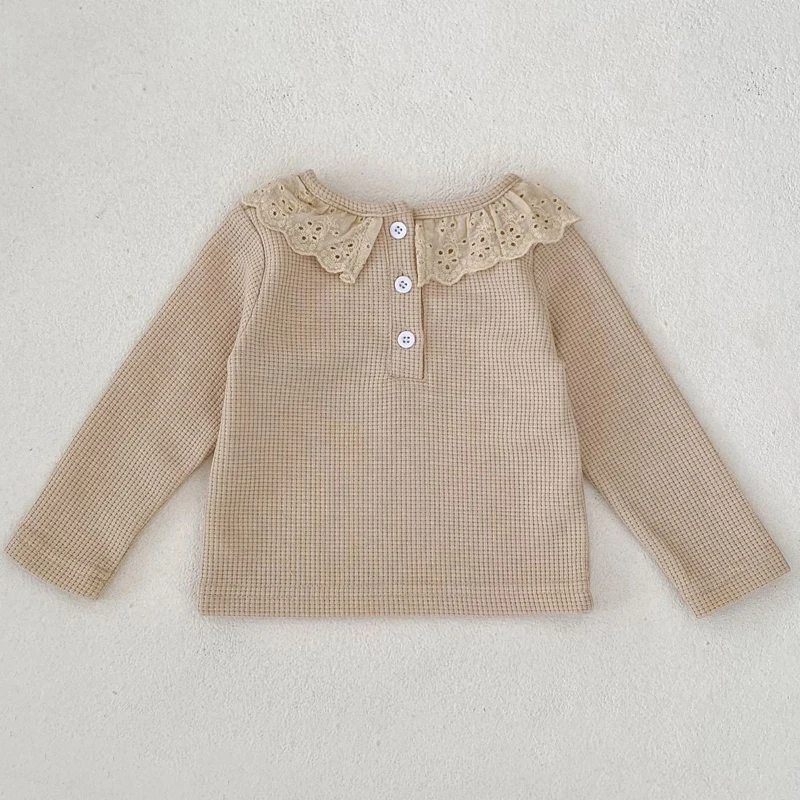 Autumn new baby clothing, 0.3 year old baby girl T-shirt with waffle lace collar top, clear color long sleeved base shirt