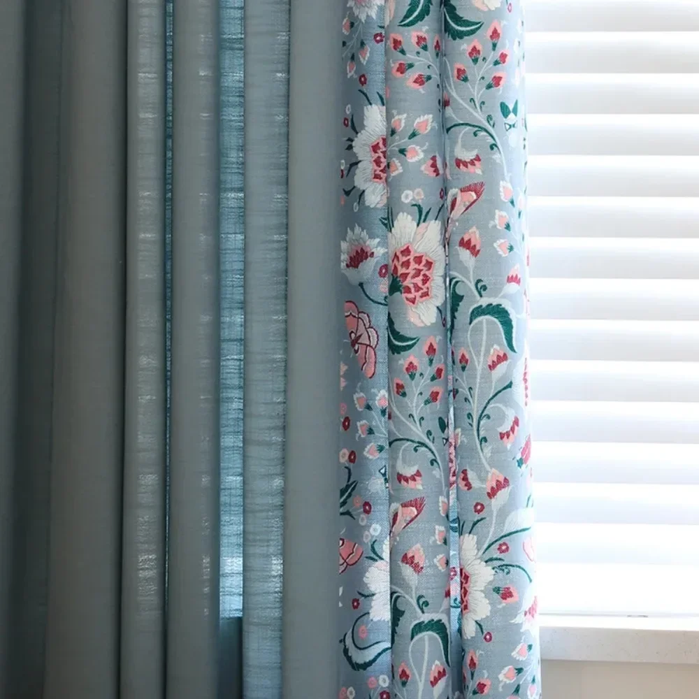 

Butterfly Flower Blue Spliced Blackout Curtains for Living Room Bedroom Floor Standing Custom Thermal Insulated