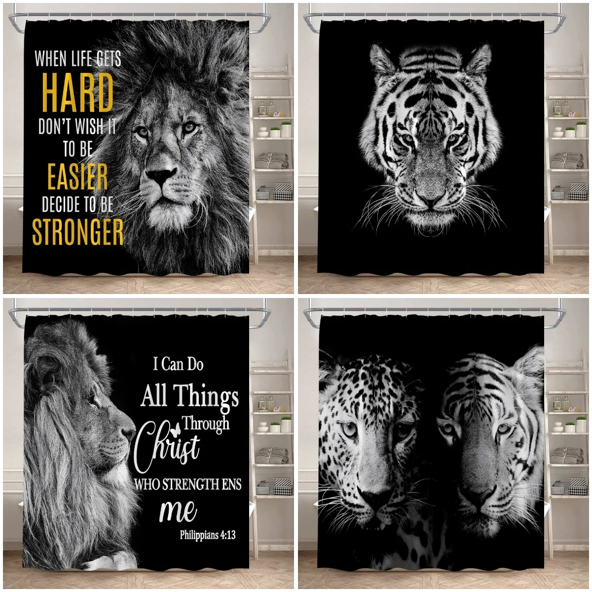 Wild Animals Shower Curtain Motivational Words Panther Tiger Lion Modern Bathroom Decor Dark Polyester Bath Curtain with Hooks