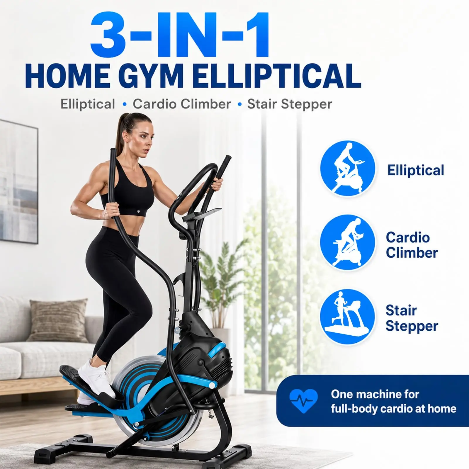 3-in-1 Elliptical Exercise Machine for Home, 15.5-Inch Stride
