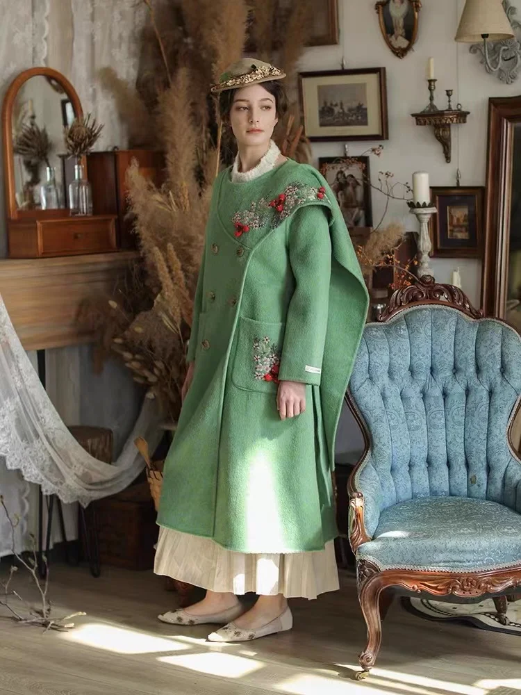 LYNETTE\'S CHINOISERIE Autumn Winter Women Mori Girls Vintage Embroidered Elegant Long Green Woolen Overcoats