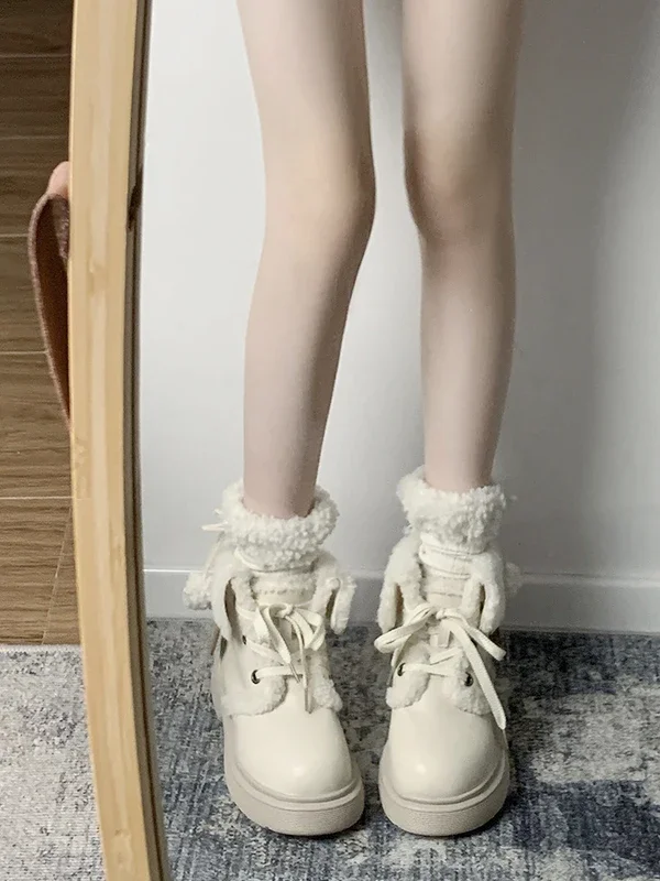 Lolita botas de neve bonito à prova dwaterproof água princesa plataforma aumentando veludo bota alta feminina rendas até inverno sapatos pretos