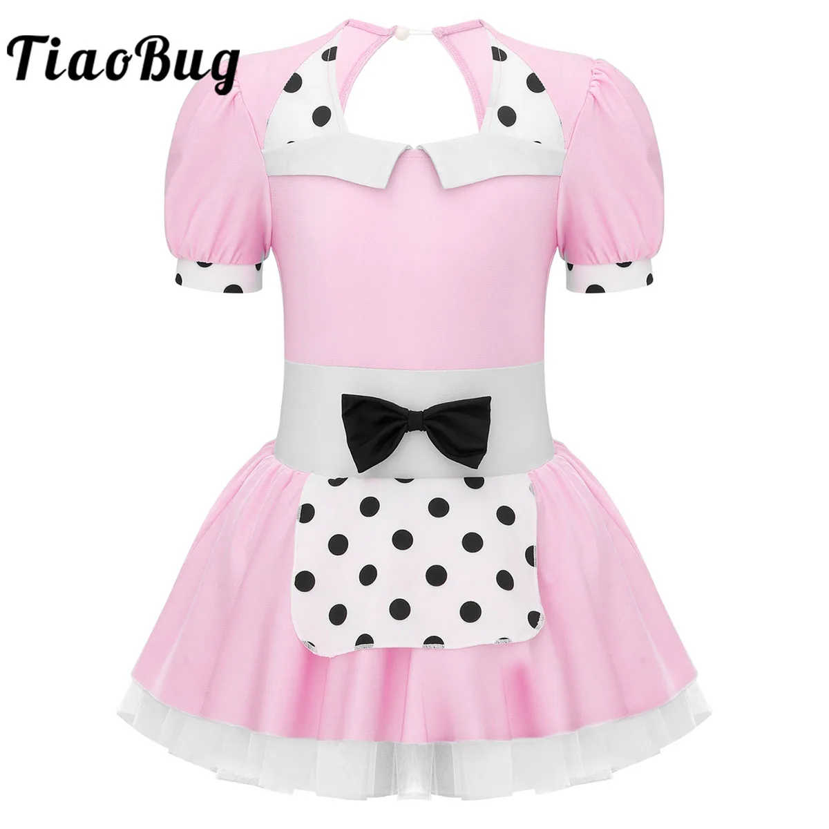 

Cute Lolita Maid Costumes Kids Girls Pink Short Sleeve Halloween Themed Party Cosplay Dress Polka Dots Print Bowknot Tutu Dress