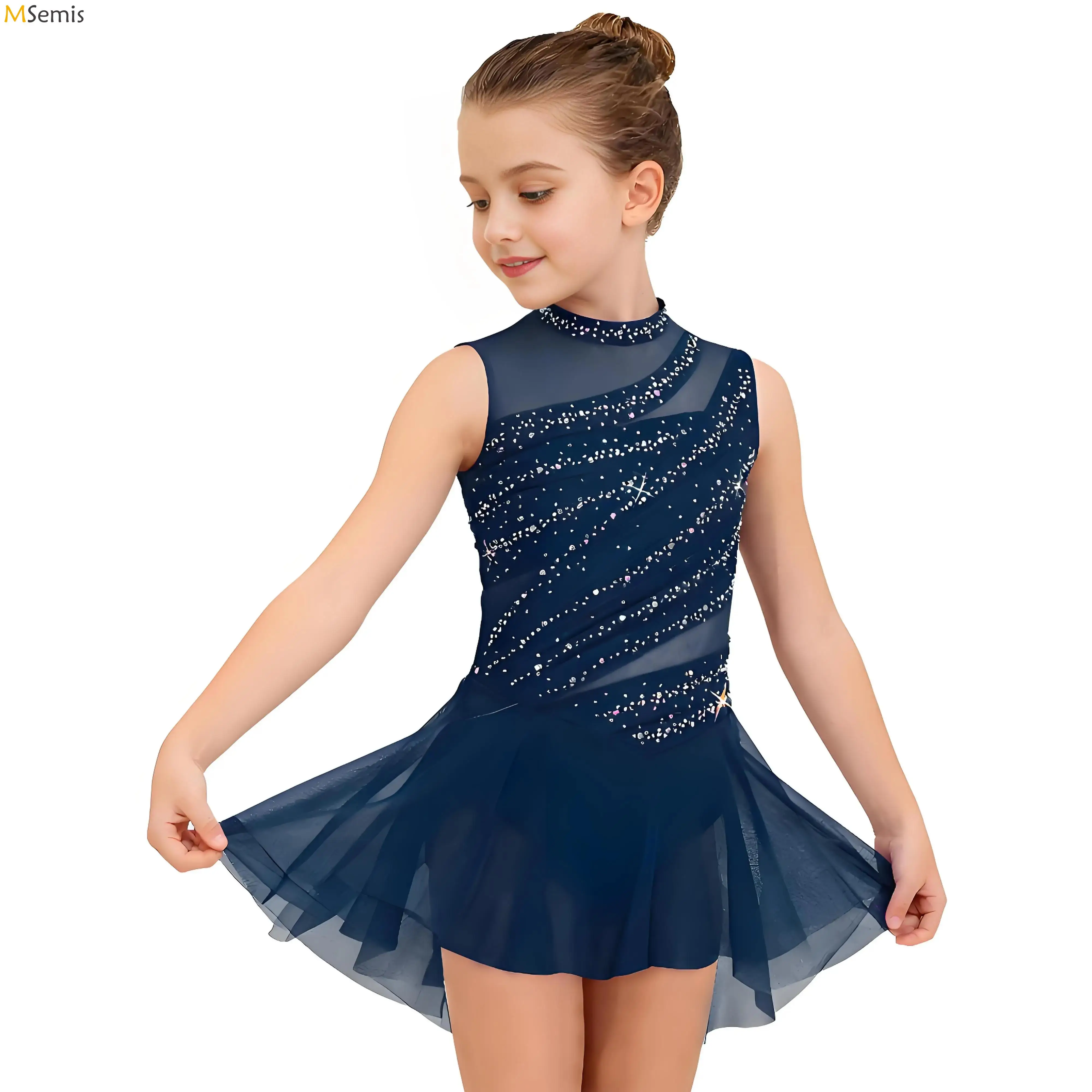 Kids Girls Ballet Gymnastics Artistic Skating Modern Lyrical Dance Leotards Dress Rhinestones Overlay Skirted Leotard Bodysuit