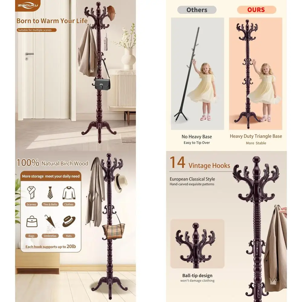 

Винтажная отдельно стоящая вешалка из цельного дерева с 14 крючками для угла, офиса или прихожей