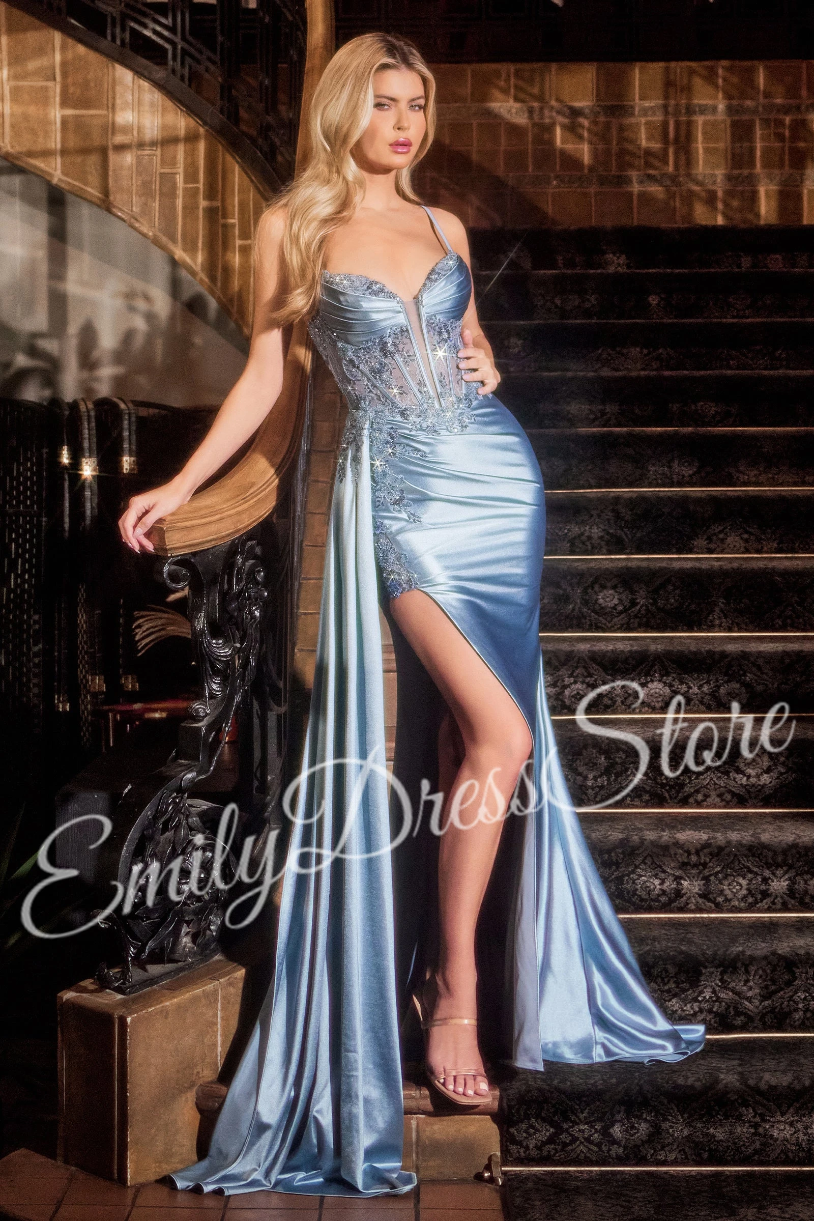 

Sky Blue Satin Evening Dress Women Floor Length Suspenders Lace High Split Bridal Formal Long Ball Gowns Trend Pageant Dress