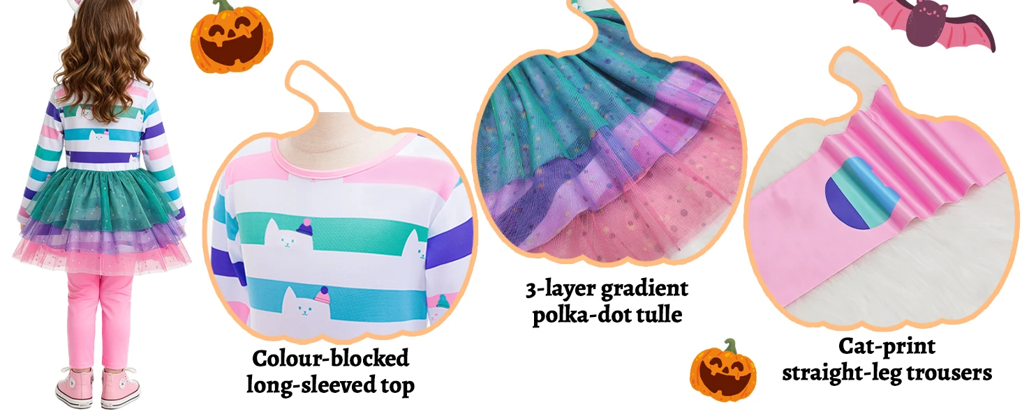 Neue Kinder-Freizeitsets Katzen-Regenbogen-Streifen-Mesh-Tutu-Kleid mit Hose Mädchen-Halloween-Outfit Karneval Geburtstagsparty-Geschenke – Detail 5