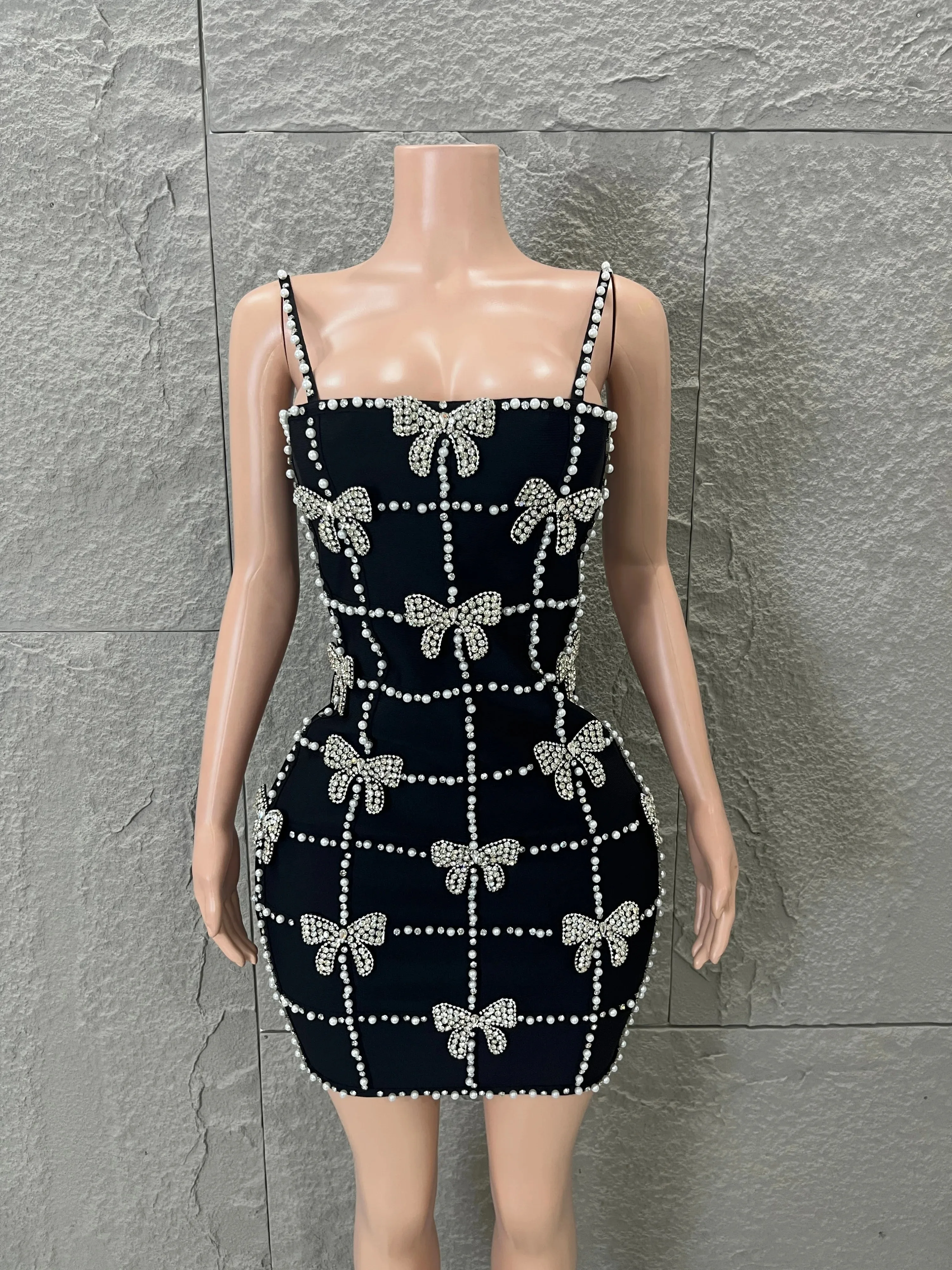 

Black Spaghetti Strap Mini Dress Rhinestone Bow Pearl Detail Bodycon Formal Evening Cocktail Gala Birthday Party Homecoming Gown