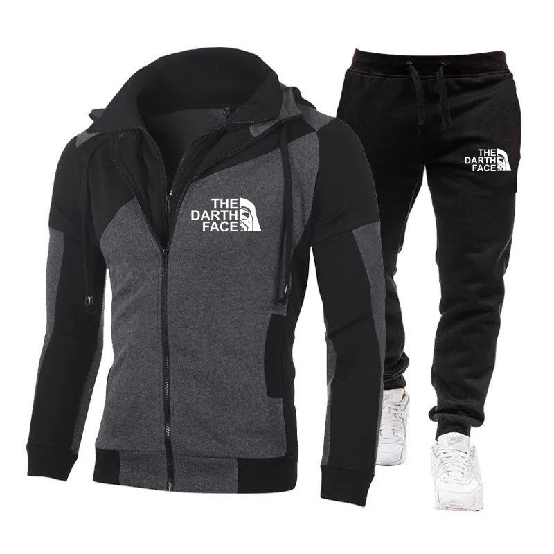 2024New men\'s double zipper jacket hoodie + black casual jogging pants two sets of fashion casual fitness sportswear two sets