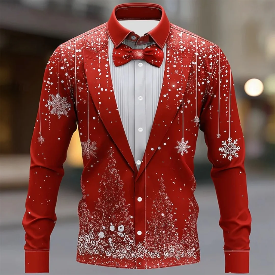 2026 New Christmas Men's Snowflake Tie Print Shirt Button Long Sleeve Festival Autumn and Winter Lapel Shirt Fast Shipping