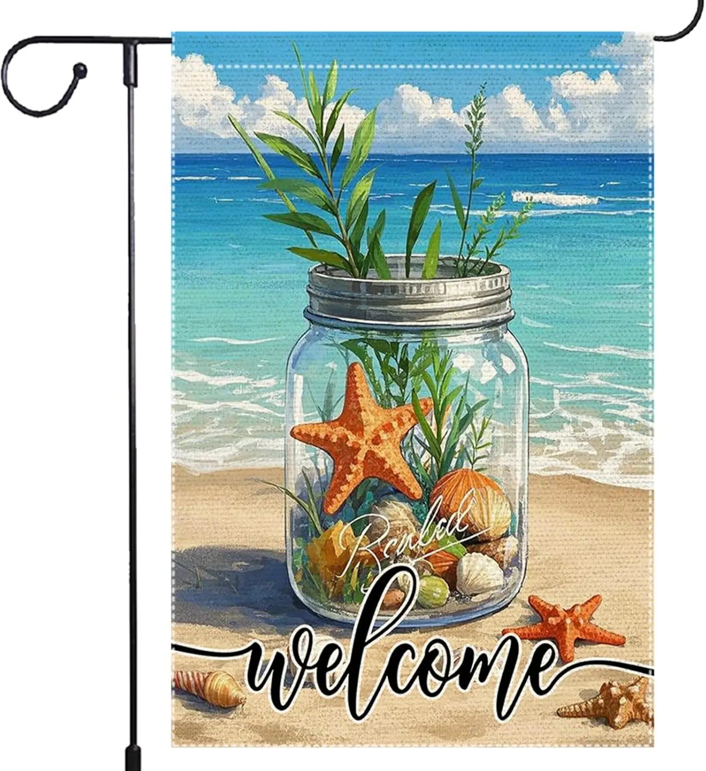 Welcome Summer Garden Flag 12x18 inch Vertical Double Sided Mason Jar Sea Shell Starfish Coastal Burlap Outdoor Lawn Sunshin EEZ