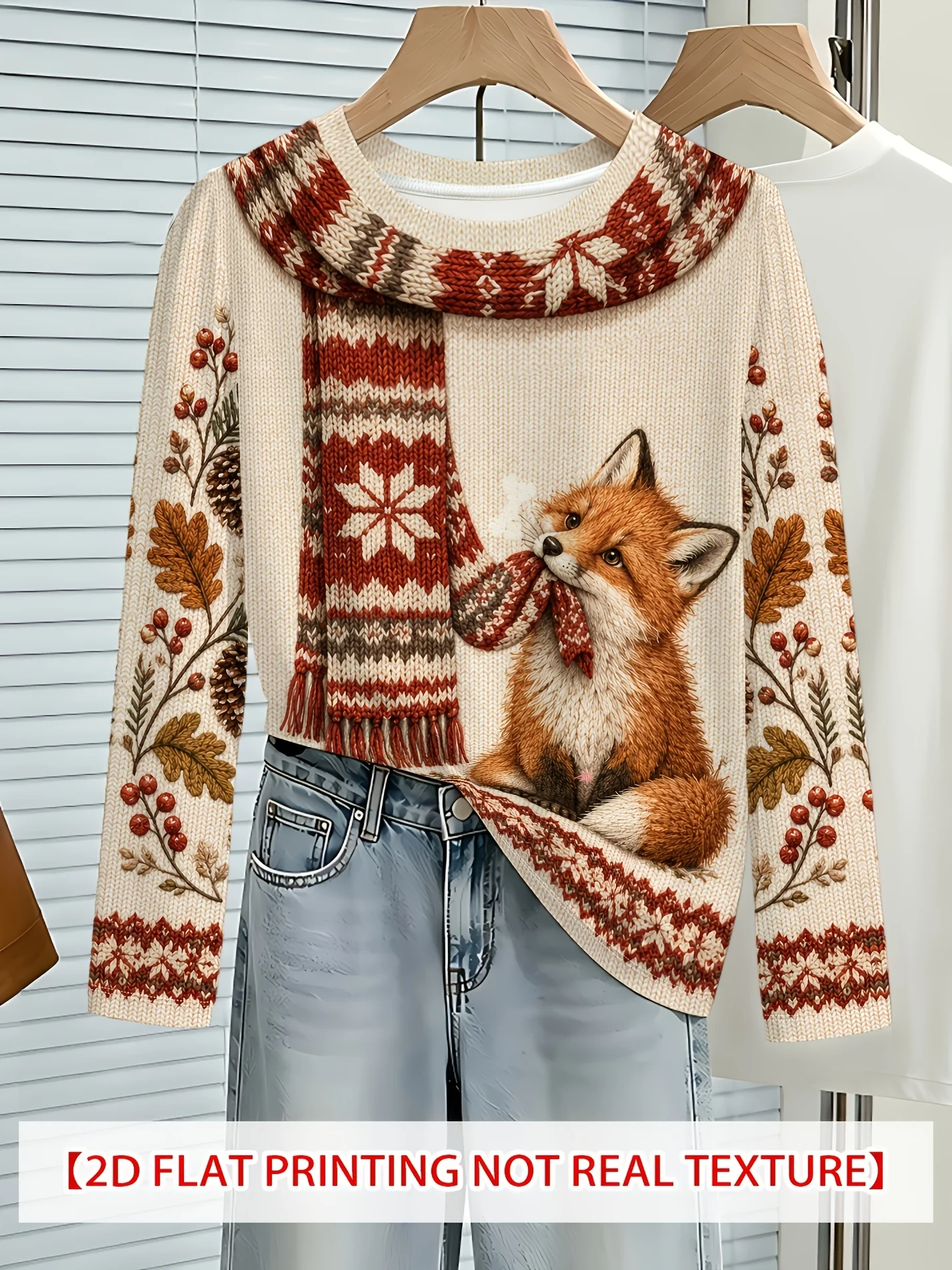 Women's Long Sleeve T-Shirt, Fox Wearing Scarf And Autumn Leaves Print, All-Winter Holiday Style Top Suitable For Leisure And Sports Scenarios