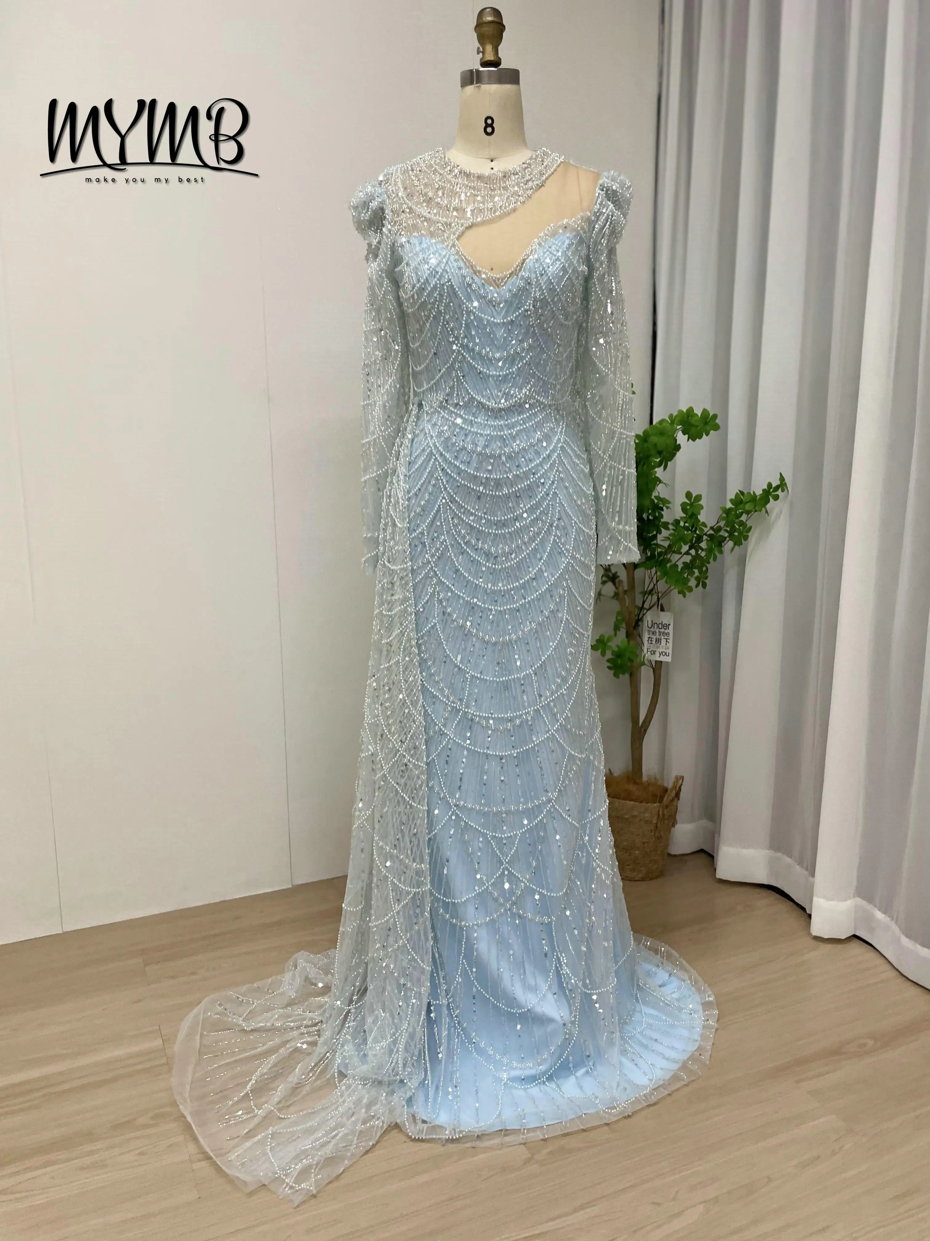 

MYMB Роскошные блестки в арабском стиле с длинными рукавами и жемчугом Вечерние платья Женское платье русалки из бисера в Дубае с боковым шлейфом MY30042