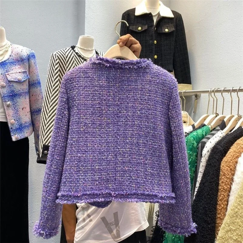 Small Fragrance Tweed Jacket Women Spring Autumn Elegant Cropped O-neck Outerwear Purple Casual Tweed Woolen Coat Ladies Tops