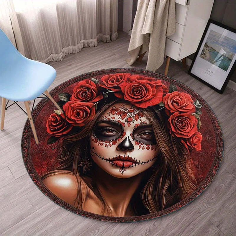 

Day of the Dead Sugar Skull Woman Round Rug Red Rose Flower Halloween Art Home Decor Boho Style Floor Mat Artistic Design