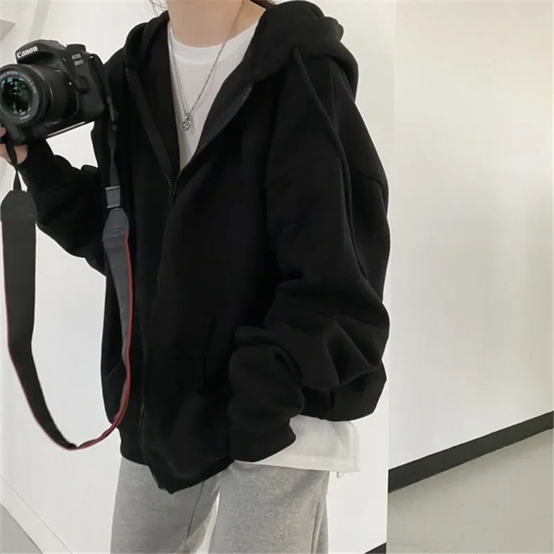 Frauen Solide Hoodies Mantel Harajuku Grundlegende Langarm Frühling Herbst Lose Zip Up Casual Übergroßen Sweatshirts Jacke mit Tasche – Detail 3